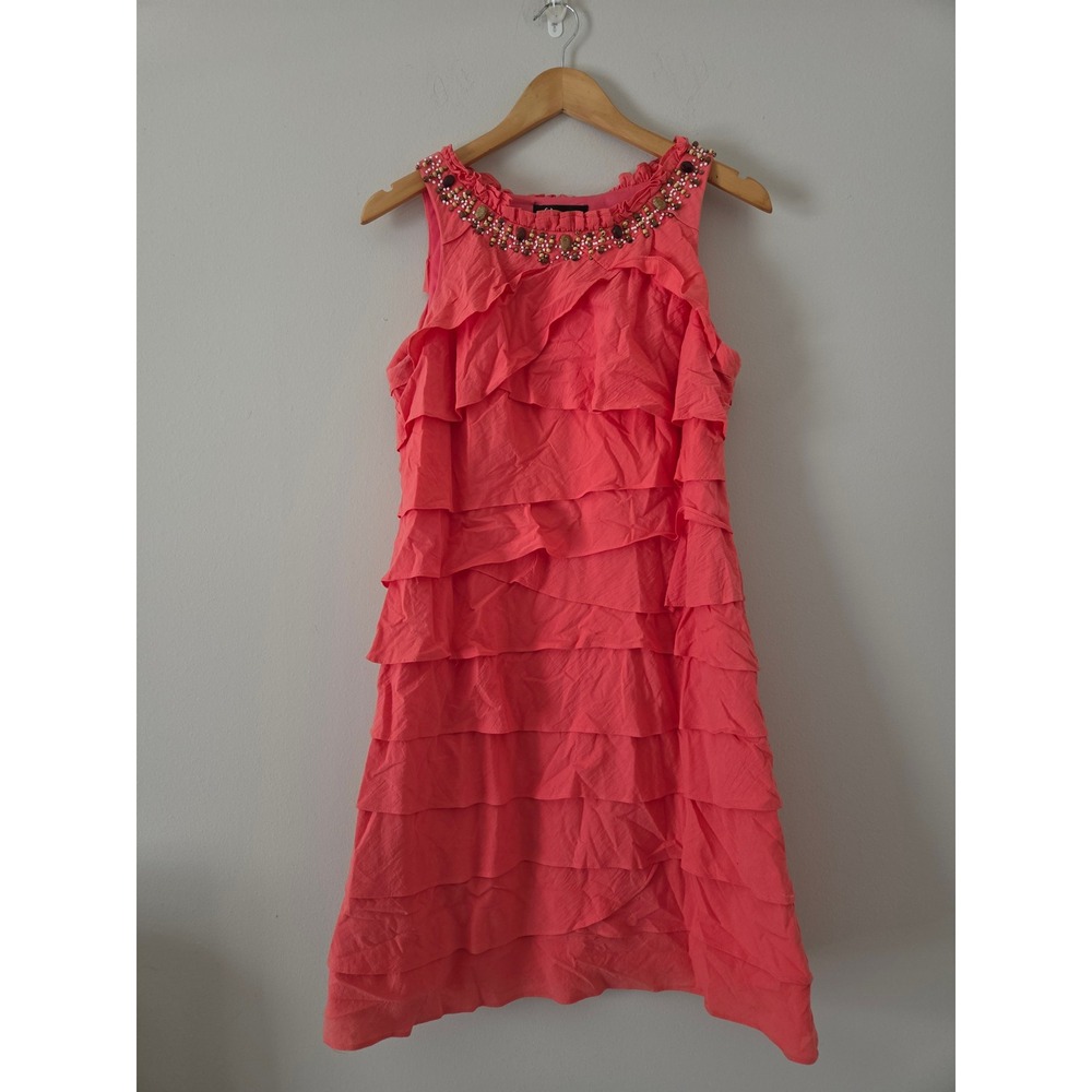 S.L. Fashions Coral Pink‎ Ruffle Tiered Dress Beaded Neckline Womens Size 14